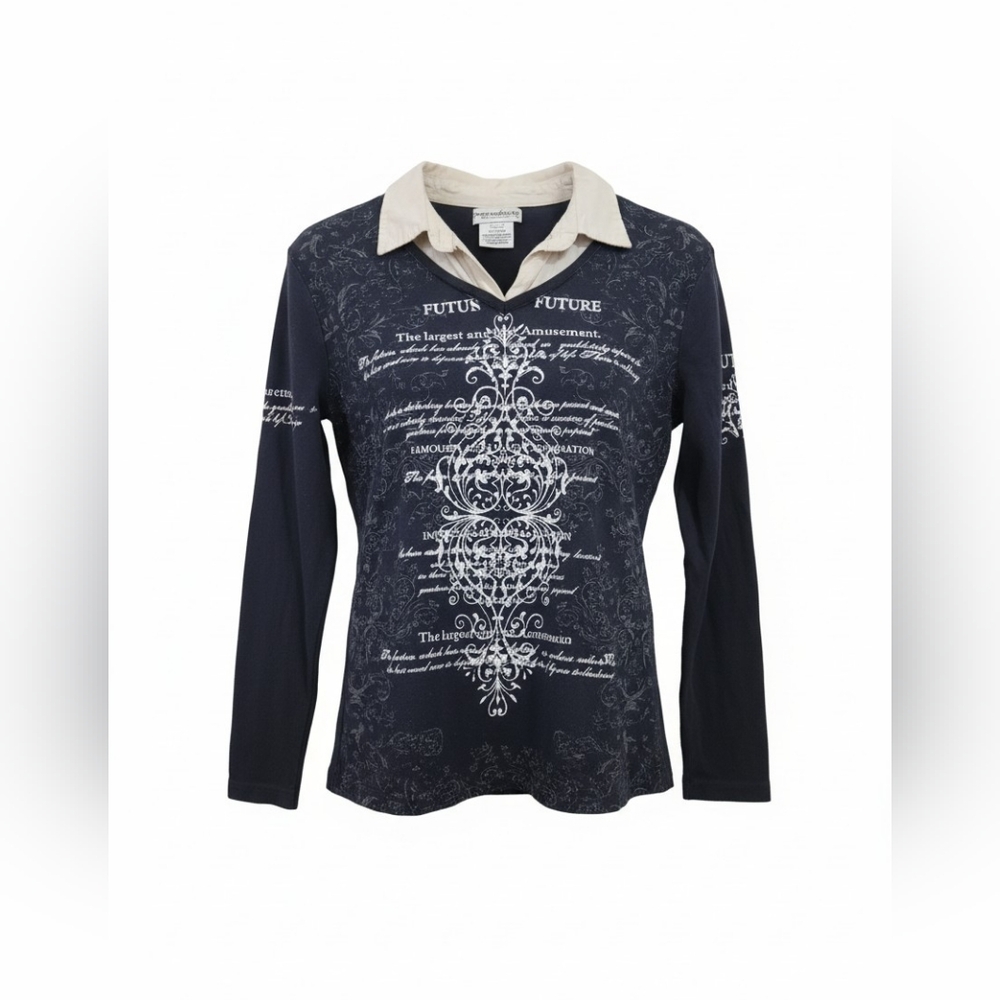 Vintage Y2K Fairy Grunge Layered Long Sleeve Shirt Poem Print Black White Small